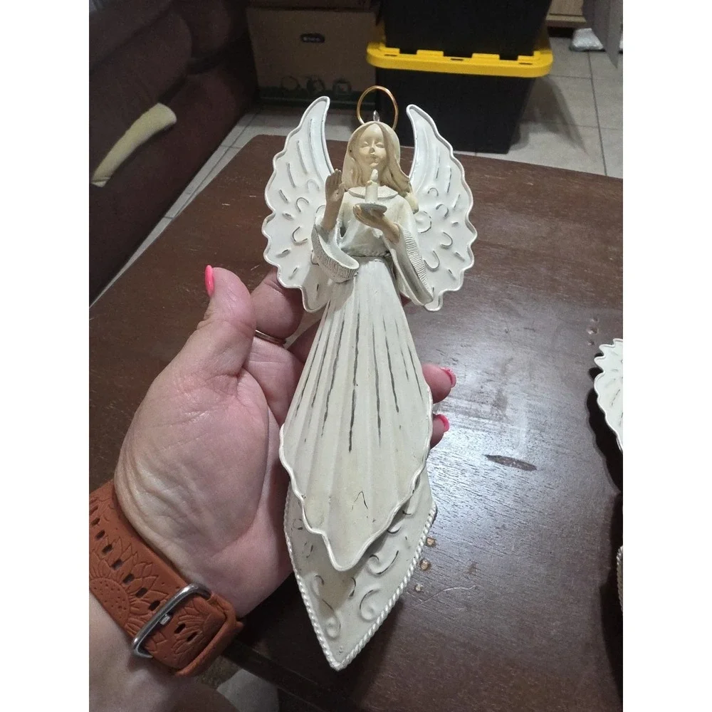 Large Set Of 2 White Color Metal Angel Ornaments. Praying And‎ Bird